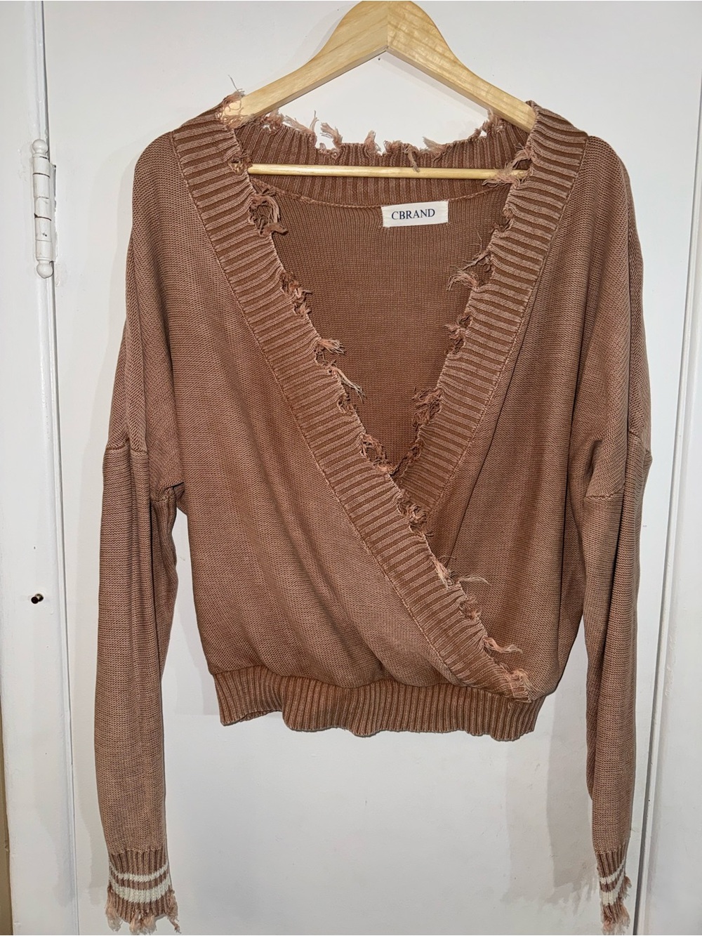 CBrand Distressed V-Neck Wrap Sweater in Light Brown